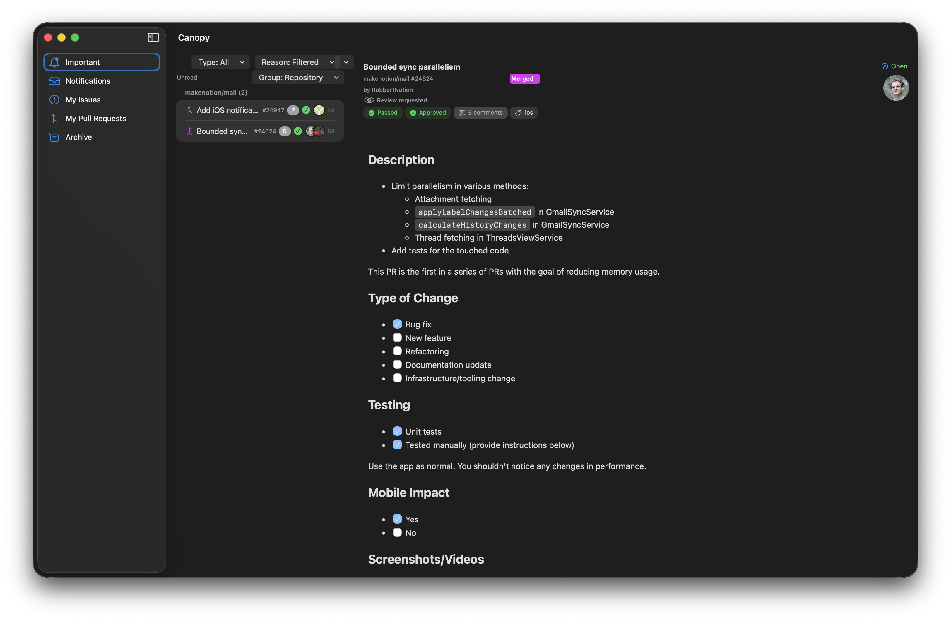 Canopy's triple-column inbox showing grouped notifications, filters, and a rich PR detail view